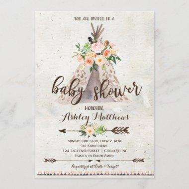 Boho TeePee baby shower Invitations