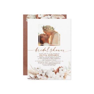 Boho Terracotta Floral Pampas Grass Bridal Shower Invitations