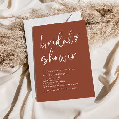 Boho Terracotta Modern Heart Script Bridal Shower Invitations