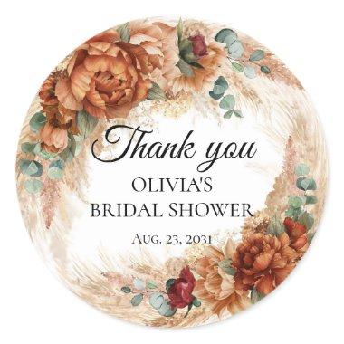 Boho terracotta pampas bridal shower thank you classic round sticker