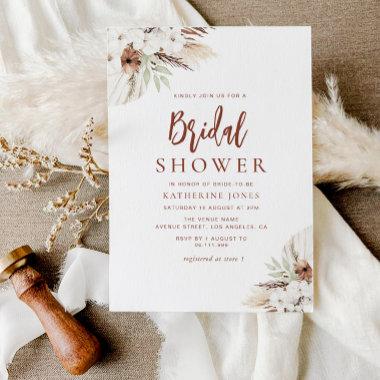 boho terracotta pampas grass floral bridal shower Invitations