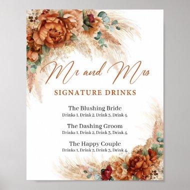 Boho Terracotta pampas Mr and Mrs signature drinks Poster