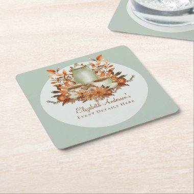 Boho Terracotta Sage Tea Party Floral Event Dinner Square Paper Coaster