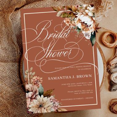 Boho Terracotta Watercolor Flowers Bridal Shower Invitations