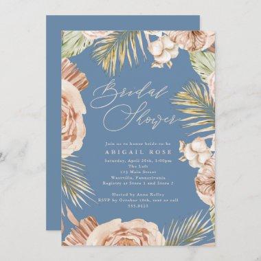 Boho Tropical Flowers Dusty Blue Bridal Shower Invitations