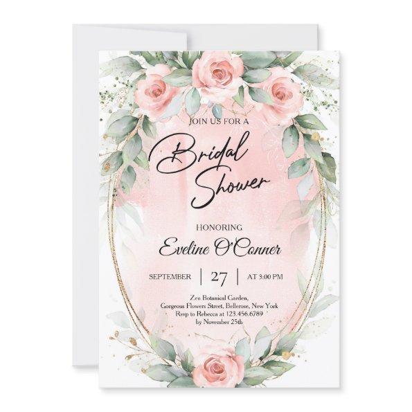 Boho watercolor blush flowers eucalyptus and gold