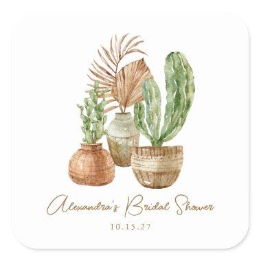 Boho Watercolor Cactus Pampas Plant Bridal Shower Square Sticker