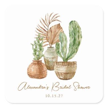 Boho Watercolor Cactus Pampas Plant Bridal Shower Square Sticker