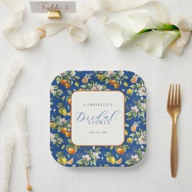 Boho Watercolor Citrus Pattern Blue  Paper Plates