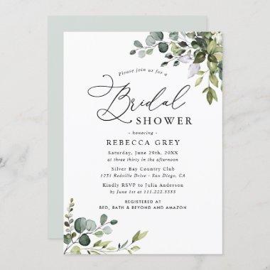 Boho Watercolor Dusty Blue Greenery Bridal Shower Invitations