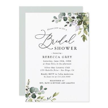 Boho Watercolor Dusty Blue Greenery Bridal Shower Invitations