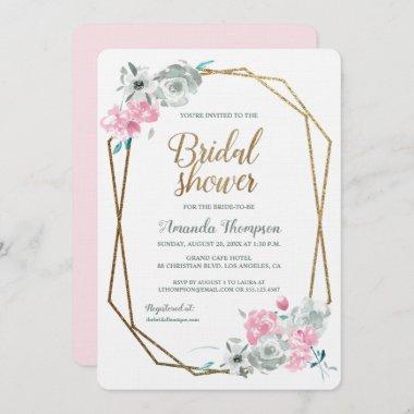 Boho Watercolor Floral bridal shower Pink Gold Invitations