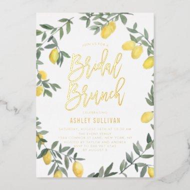 Boho Watercolor Lemon Wreath Bridal Brunch Foil Invitations