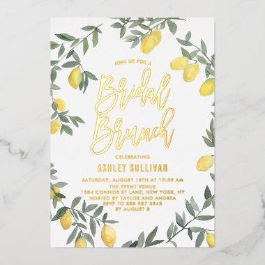 Boho Watercolor Lemon Wreath Bridal Brunch Foil Invitations