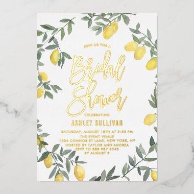 Boho Watercolor Lemon Wreath Bridal Shower Foil Invitations