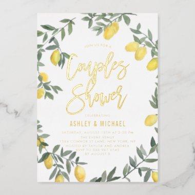 Boho Watercolor Lemon Wreath Couples Shower Foil Invitations
