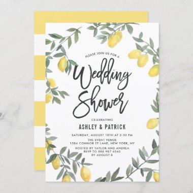 Boho Watercolor Lemon Wreath Wedding Shower Invitations