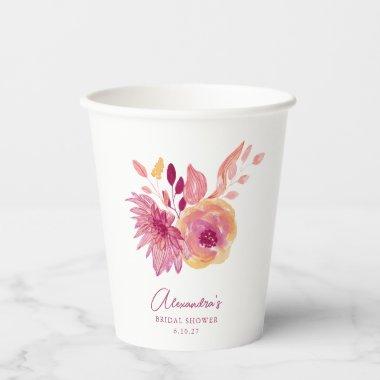 Boho Watercolor Magenta Red Flowers Bridal Shower Paper Cups
