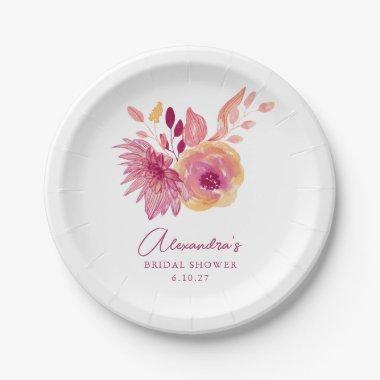 Boho Watercolor Magenta Red Flowers Bridal Shower Paper Plates