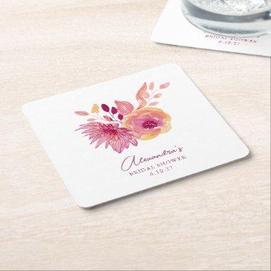 Boho Watercolor Magenta Red Flowers Bridal Shower Square Paper Coaster