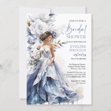 Boho watercolor navy and white flower bridal dress Invitations