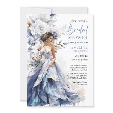 Boho watercolor navy and white flower bridal dress Invitations