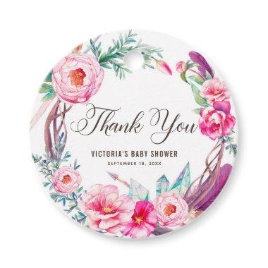 Boho Watercolor Pink Peonies Wreath Thank You Favor Tags