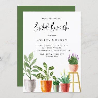 Boho Watercolor Potted Plants Bridal Brunch Invitations