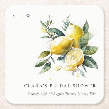 Boho Watercolor Yellow Lemon Garden Bridal Shower Square Paper Coaster