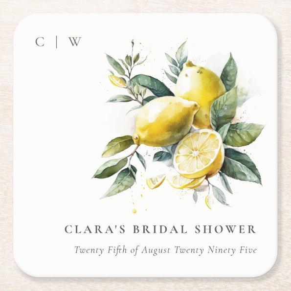 Boho Watercolor Yellow Lemon Garden  Square Paper Coaster