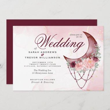 Boho Wedding Pink Crescent Moon All in One Invitations