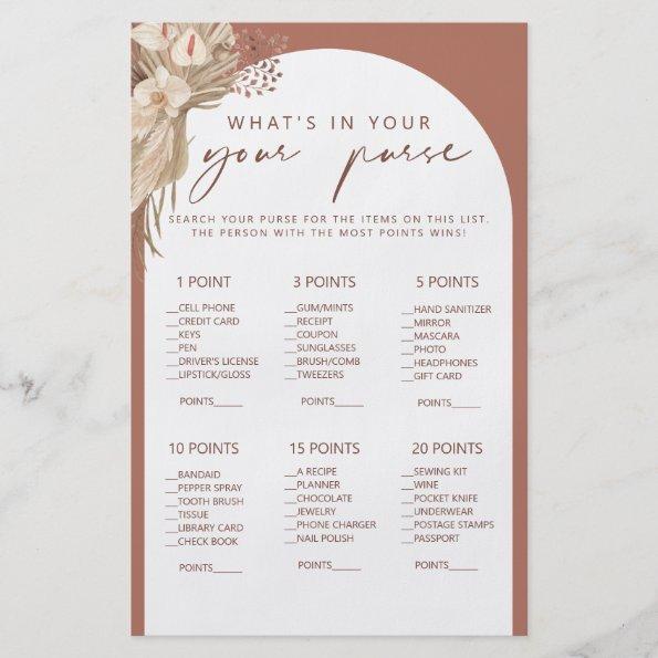 Boho what's in your purse bridal shower game flyer