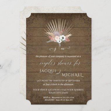 BOHO White Floral Palm Rustic Wood Couples Shower Invitations