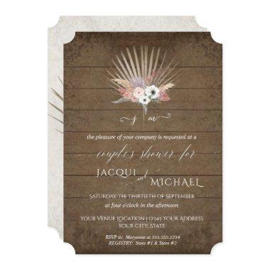 BOHO White Floral Palm Rustic Wood Couples Shower Invitations