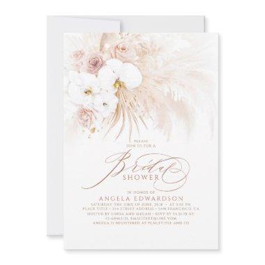 Boho White Orchids Pampas Grass Bridal Shower Invitations