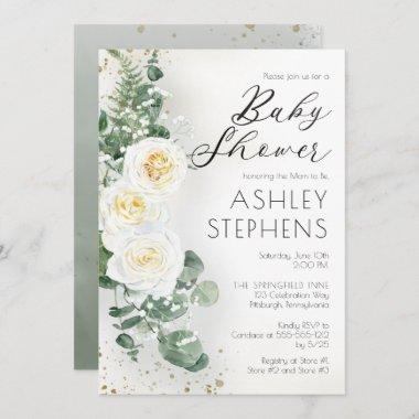 Boho White Rose Floral | Eucalyptus Baby Shower Invitations