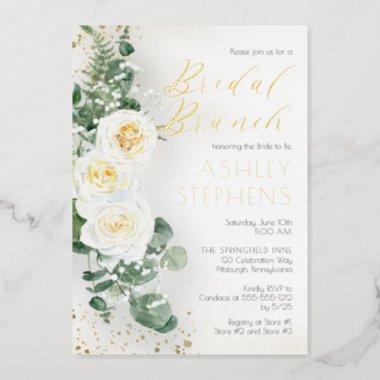 Boho White Rose Floral | Eucalyptus Bridal Brunch Foil Invitations
