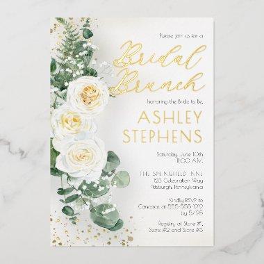 Boho White Rose Floral | Eucalyptus Bridal Brunch Foil Invitations