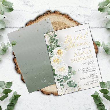 Boho White Rose Floral | Eucalyptus Bridal Shower Foil Invitations