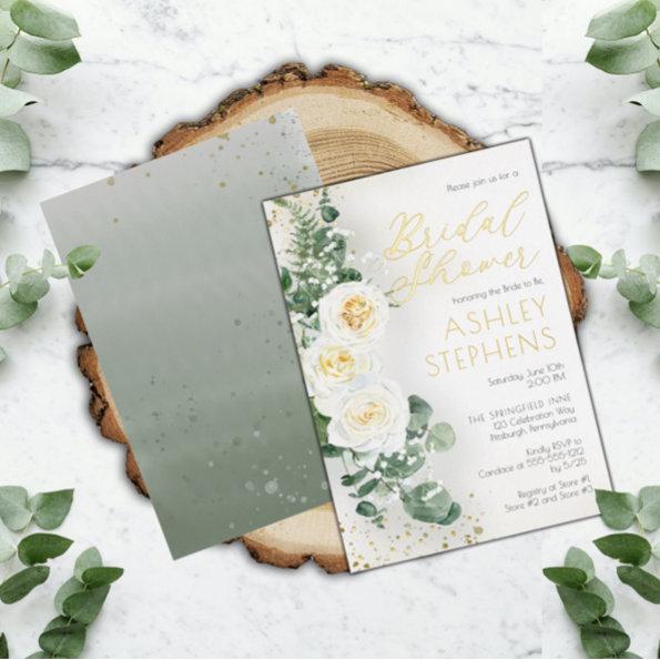 Boho White Rose Floral | Eucalyptus Bridal Shower Foil Invitations