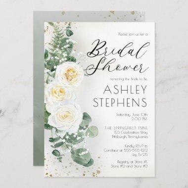Boho White Rose Floral | Eucalyptus Bridal Shower Invitations