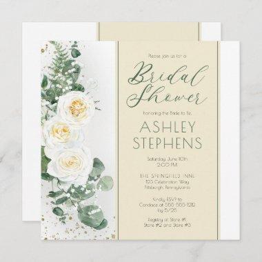 Boho White Rose Floral | Eucalyptus Bridal Shower Invitations