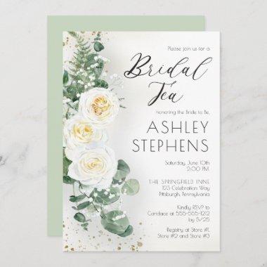 Boho White Rose Floral | Eucalyptus Bridal Tea Invitations