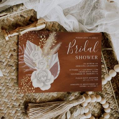 Boho White Rose Pampas Terracotta Bridal Shower Invitations