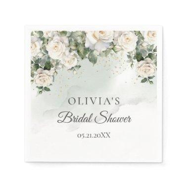 Boho White Roses Greenery and Gold  Napkins