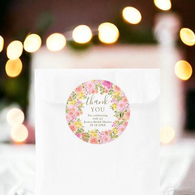 Boho wild flowers thank you pink bridal shower classic round sticker