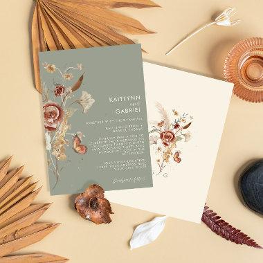 BOHO Wildflower Dried Floral Moss Bridal Shower Invitations