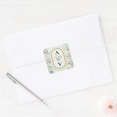 Boho Wildflower Fern Mint Green Monogram Favor Square Sticker