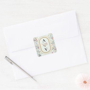 Boho Wildflower Fern Mint Green Monogram Favor Square Sticker