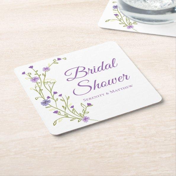 Boho Wildflowers Purple Floral  Square Paper Coaster
